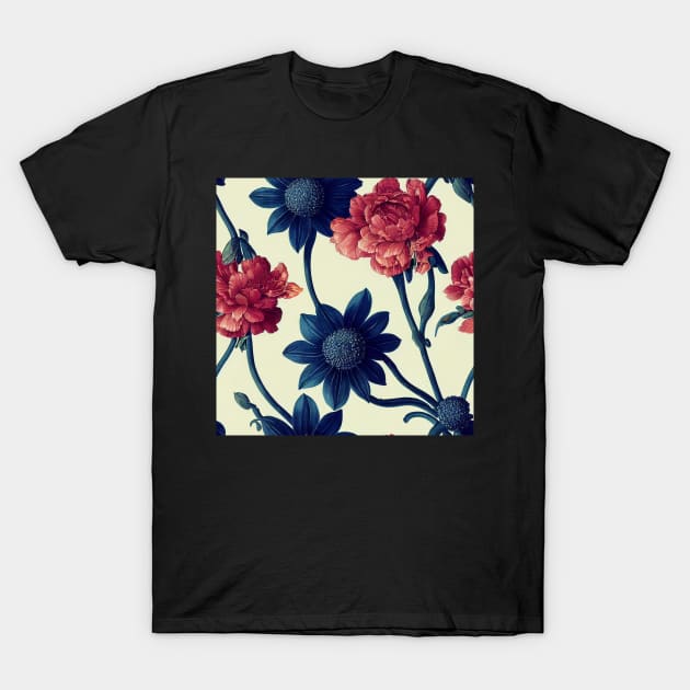 Deep Blue and Orange Red Vintage Floral T-Shirt by VintageFlorals